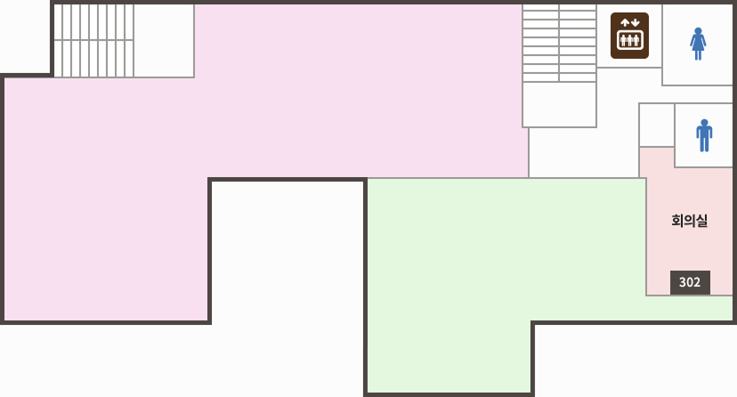 별관3층 청사안내도(왼쪽상단부터 시계방향으로) : 엘리베이터, 화장실(여), 화장실(남), 302-회의실