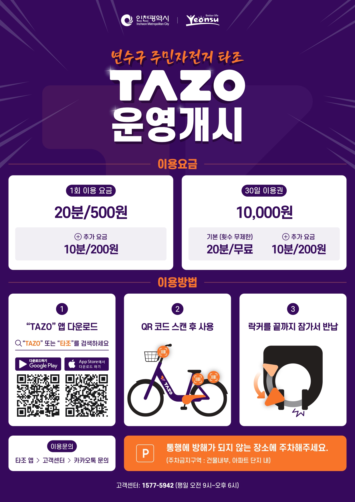 연수구 주민자전거[TAZO] 운영 / 연수구에서는 자전거이용 활성화를 위하여 주민자전거(TAZO)를 운영합니다. 주민자전거란 별도의 잠금장치,통신장비 등이 자전거에 내장되어 언제, 어디서나, 누구나 손쉽게 이용가능한 자전거입니다. 운영대수 : 1000대, 운영방식 : 민간사업자-삼천리자전거(주), 이용요금 : 10분당 250원 자전거에 내장되어 언제, 어디서나, 누구나, 보증금 : 10,000원 (최초회원가입시 결제되며, 회원탈퇴시 환불됩니다) 손쉽게 이용가능한 자전거입니다., 요금충전 : APP 결제 (자전거이용을 위해서는 캐시충전이 필요합니다) 