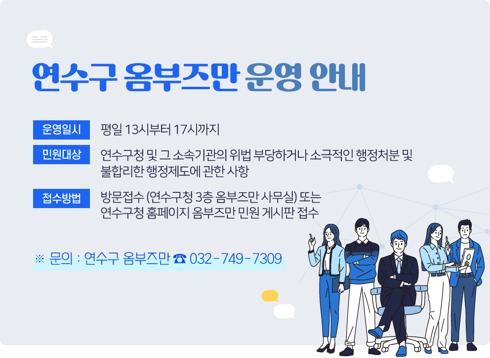 연수구 옴부즈만 운영 안내&nbsp;&nbsp;* 운영일시 : 평일 13시부터 17시까지&nbsp;* 민원대상 : 연수구청 및 그 소속기관의 위법 부당하거나 소극적인 행정처분 및 불합리한 행정제도에 관한 사항&nbsp;* 접수방법 : 방문접수 (연수구청 3층 옴부즈만 사무실) 또는 연수구청 홈페이지 옴부즈만 민원 게시판 접수&nbsp;&nbsp;※ 문의 : 연수구 옴부즈만 ☎ 032-749-7309